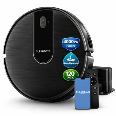 CleanDays D3-300MAX Robotstofzuiger + Dweil | 4000Pa | Voor harde vloeren | 120 min | Laadstation