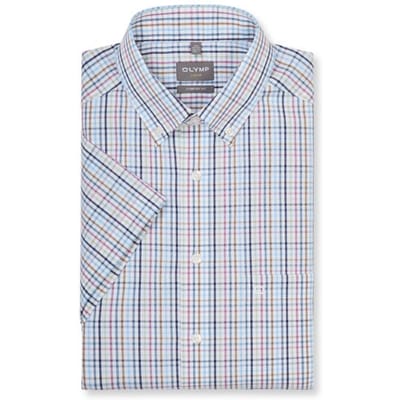 OLYMP Luxor comfort fit overhemd - korte mouw - popeline - wit met blauw en bruin geruit - Strijkvrij - Boordmaat: 40 (EU maat: M)