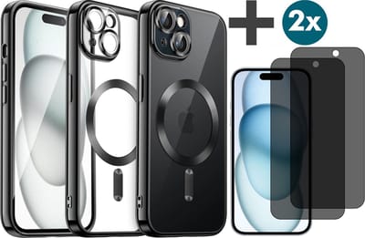 Hoesje met Privacy Screenprotectors 2 Stuks Geschikt voor iphone 15 Plus Hoesje - Geschikt voor MagSafe - Arara siliconen Backcover - Zwart