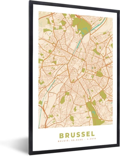 Fotolijst incl. Poster - Brussel - Stadskaart - Plattegrond - Kaart - Vintage - 40x60 cm - Posterlijst