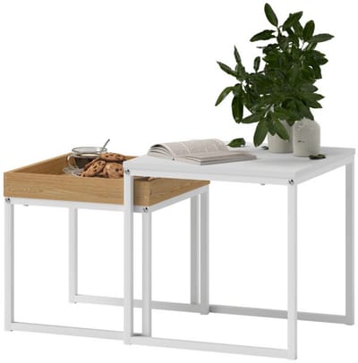 Salontafel set van 2 - Bijzettafel - Tafeltje - Vierkant - Metaal - Wit