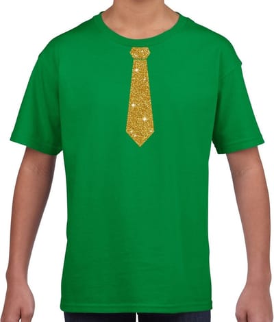 Verkleedkleding t-shirt - groen - met kleine Stropdas - goud glitters - voor kinderen - carnaval 110/116