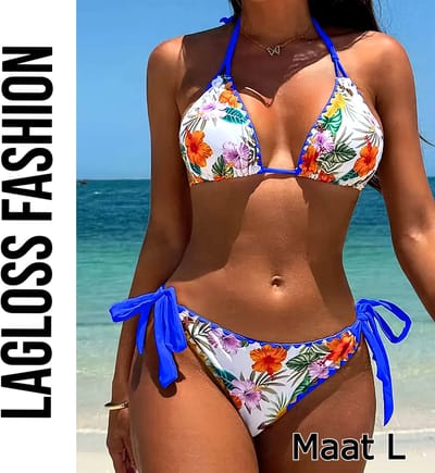 LaGloss® 2-Delige Bikini Set Wit Blauw – Bloemenprint Damesbadmode met V-Hals – Maat L