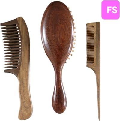 Frazimashop Sandelhout Haarborstel Set – 3 Stuks – Grove Kam - Puntkam – Anti-klit –uniseks- Voor Mannen en Vrouwen-Geschikt voor Pruiken en Haarextensies