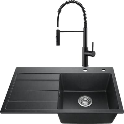 SOFETIY MAX Granieten Spoelbak 78x45CM Zwart - Spoelbakken Keuken Met Keukenkraan Met Uittrekbare Uitloop - Spoelbak Met Planchet en Afdruiprek - Spoelbakken Incl. Sifon en Afvoerzeefje