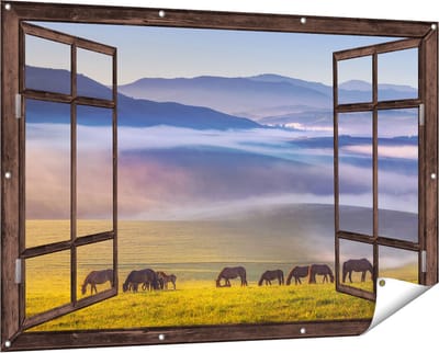 Gards Tuinposter Doorkijk Kudde Wilde Paarden in de Wei bij Heuvels - 150x100 cm - Tuindoek - Tuindecoratie - Wanddecoratie buiten - Tuinschilderij