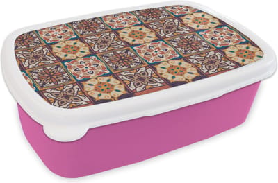Broodtrommel Roze - Lunchbox - Brooddoos - Vector - Tegel - Abstract - Patroon - 18x12x6 cm - Kinderen - Meisje