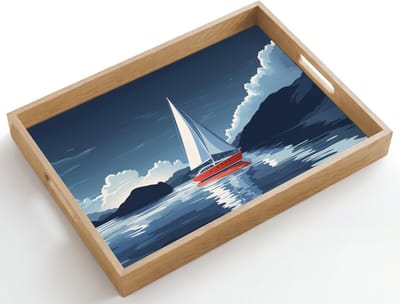 Dienblad hout 50x35 cm - Schootdienblad - Zeilboot - Donkere bergen - Stilte - Borrelplank rechthoek - Plateau dienbladen