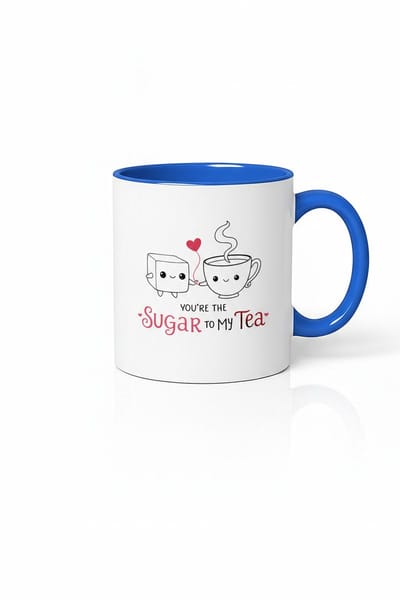 Mok 'You're The Sugar To My Tea' - Liefdevolle Theebeker met Schattige Figuren & Hart - Uniek Cadeau - Wit & Blauw Keramiek