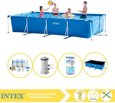Intex Rechthoekig Frame Zwembad - 450 x 220 x 84 cm - Blauw - Inclusief Solarzeil - Onderhoudspakket - Zwembadfilterpomp - Filter - 5-delig