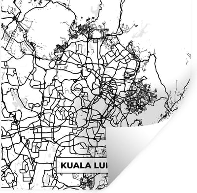 Muurstickers - Sticker Folie - Kaart - Kuala Lumpur - Stadskaart - Plattegrond - Zwart Wit - 100x100 cm - Plakfolie - Muurstickers Kinderkamer - Zelfklevend Behang XXL - Zelfklevend behangpapier - Stickerfolie