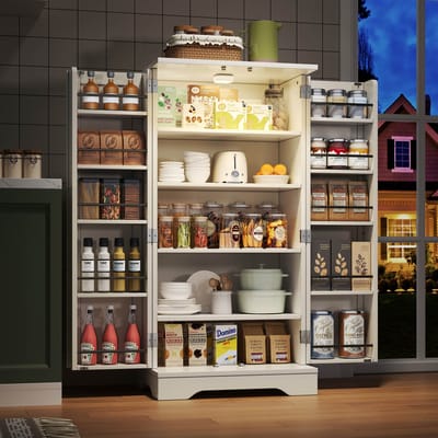 Keukenkast van 120x60x40 cm met LED-sensorverlichting, grote opbergkast met 2 deuren, verstelbare planken en deurvakken – geschikt voor keuken, eetkamer of woonkamer, wit