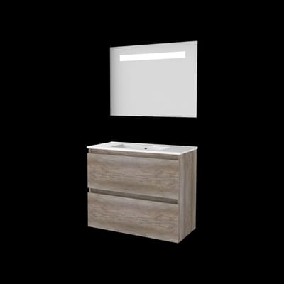 Basic-Line Economic 39 Badkamermeubelset - Ondiep - 80 x 39 cm - Greeploos - 2 Lades - Keramische Wastafel - 1 Kraangat - Spiegel met LED Verlichting - Scotch Oak