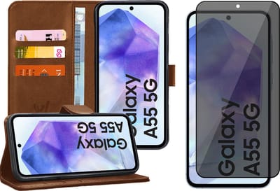 Hoesje geschikt voor Samsung Galaxy A55 - Privacy Screenprotector Volledig Dekkend Glas - Portemonnee Book Case Bruin