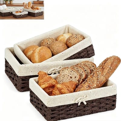 Set van 3 Decoratieve Broodmanden van Gevlochten Papieren Touw met Katoenen Voering voor Brood, Desserts en Keukenopslag, Bruin