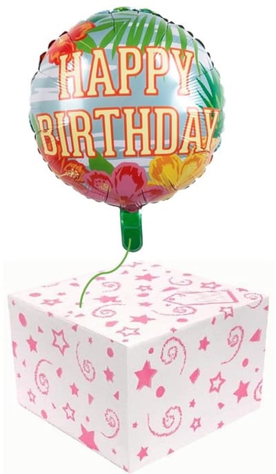 Folie ballon Happy Birthday helium gevuld in mooie doos.