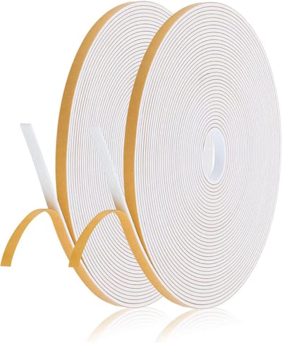 Schuimrubberen afdichtingstape, 2 rollen, 6 mm (B) x 1,5 mm (D), tochtstopper voor raamdeur, airconditioner, anti-botsing, sterke kleefband voor deur en raam (elk 10 m lang), wit