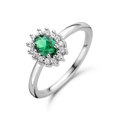 Gerhodineerd Zilver Ring Synth. Smaragd En Met Zirkonia Halo 1336548