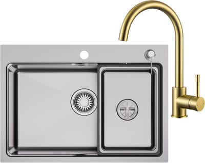 CECIPA MAX Spoelbak Keuken 68x48CM RVS - Enkele spoelbakken Met Goud Keukenkraan - Met Korf, Zeepdispenser en Afvoerset - Voor 80 cm Kast