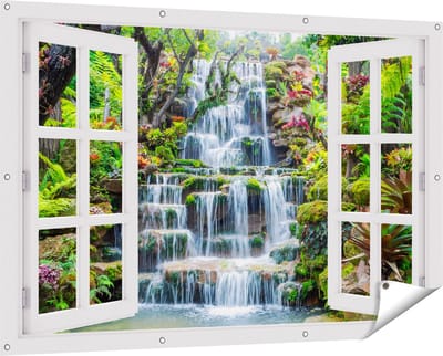 Gards Tuinposter Doorkijk Tropische Waterval in Thailand - 150x100 cm - Tuindoek - Tuindecoratie - Wanddecoratie buiten - Tuinschilderij