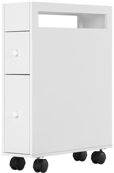 Badkamerkast, opbergkast, opslagwagen, 2 lades en 1 open rek, met wielen, verplaatsbaar, geschikt voor badkamer, slaapkamer, keuken, 16 x 49,5 x 66 cm, wit, MDF