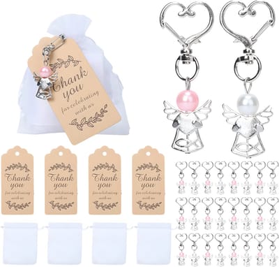 Beschermengel Bedankjes Set 20 Stuks - Organza Zakjes met Kraft Label - Voor Bruiloft & Feest - Wit/Roze - 20 stuks