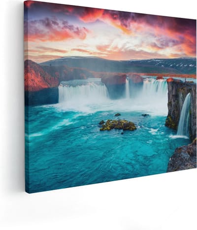 Artaza Canvas Schilderij Landschap - 50x40 cm - Wanddecoratie Bergen - Muurdecoratie Zonsondergang - Kamer Accessoires Waterval