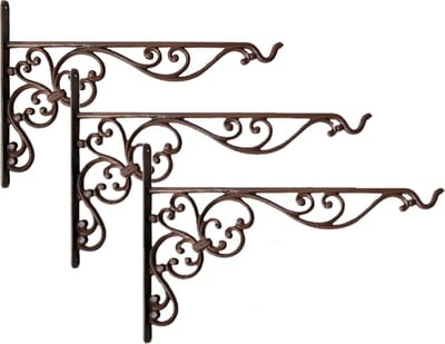 3x stuks muurhaken met sierkrullen bruin - gietijzer - 35 x 25 cm - hanging basket haak