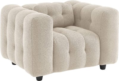 sweeek - 1-zits fauteuil in boucléstof met eucalyptushout en multiplex onderstel - leon