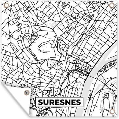 Tuin poster Frankrijk – Plattegrond – Stadskaart – Suresnes - Kaart - Zwart wit - 200x200 cm - Tuindoek