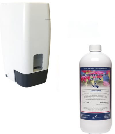 Zeepdispenser 1 liter kunststof hervulbaar + 1 liter handzeep Crème Rozen
