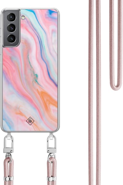 Casimoda® hoesje met rosegoud koord - Geschikt voor Samsung S21 Plus - Pink Glam - Afneembaar koord - TPU/polycarbonaat - Roze