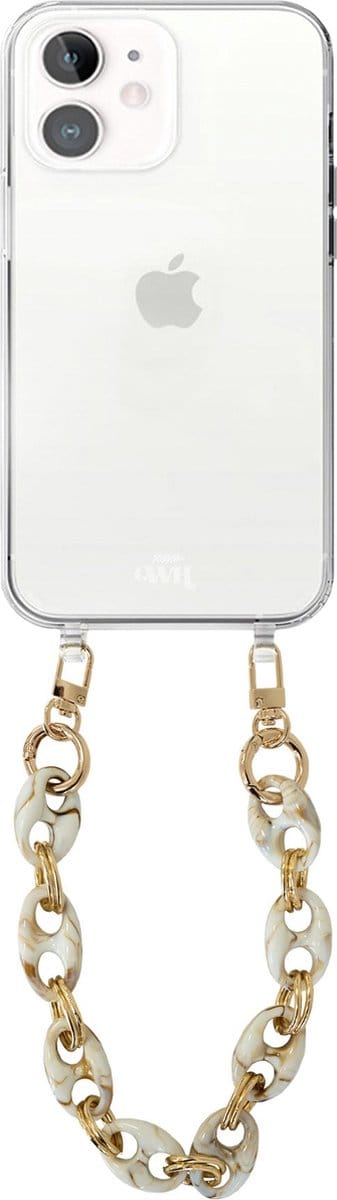 xoxo Wildhearts silicone case met koord - Transparant telefoonhoesje met koord - telefoonketting - Marble Creme - Kort koord - Cord Case - geschikt voor Apple iPhone 12 hoesje - Ketting met marmere look - marmer - creme / beige