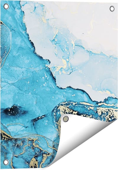 Gards Tuinposter Abstracte Kunst van Blauwe Marmer met Goud - 40x50 cm - Tuindoek - Tuindecoratie - Wanddecoratie buiten - Tuinschilderij