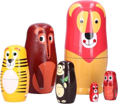 Nesting Dolls - Stapelpoppen Houten - Woning Decoratie - Puur Handgemaakt - 6-pack - Bosdierenpatroon