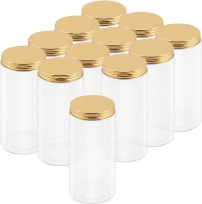 12 Stuks 500ml Heldere Plastic Potten met Gouden Aluminium Deksel, Brede Opening Opslagpotten voor Voedsel en Specerijen, Lege Plastic Opbergcontainers