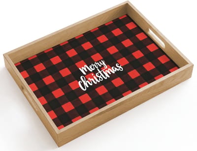 Dienblad hout 40x30 cm - Schootdienblad - Geruit - Rood - Tekst - Christmas - Borrelplank rechthoek - Plateau dienbladen