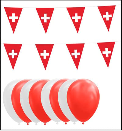 Zwitserland feestpakket- 2x Vlaggenlijn 10 meter + 20 ballonnen rood/wit - Versiering Slinger Feestdecoratie Decoratie