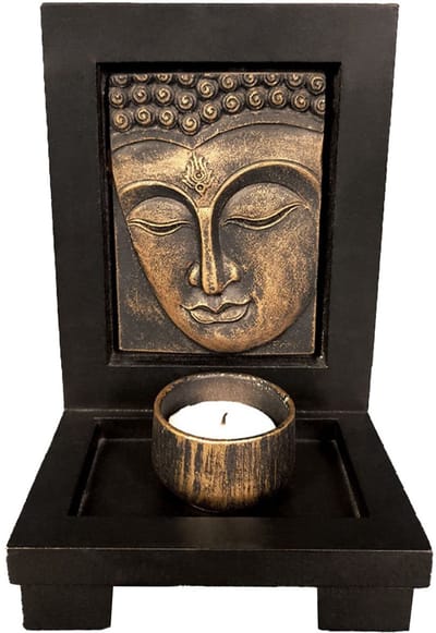 Dailygoods- Theelichtkaarsenhouder Boeddha - Zen Kandelaar - Houten Plankbasis - Meditatie Decor - Spirituele Kamer - MDF/Hars Materiaal - Kaarsenhouder