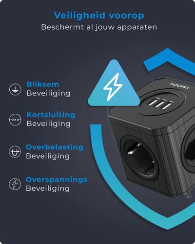 USB Cube Stekkerdoos 7-In-1 - 4 Voudige Stopcontacten + 3 USB poorten 4000W Verdeeldoos Met Overspanningsbeveiliging
