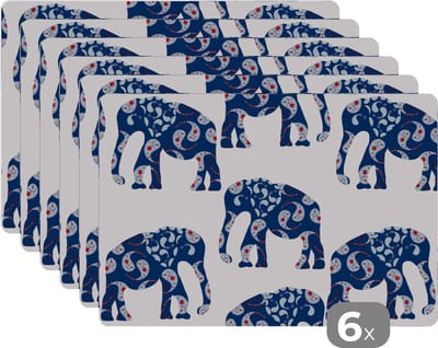 Placemat - Placemats kunststof - Olifant - Dier - Patroon - 45x30 cm - 6 stuks - Hittebestendig - Anti-Slip - Onderlegger - Afneembaar