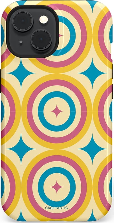 Casetastic hoesje geschikt voor Apple iPhone 15 - MagSafe - Dubbellaagse bescherming - Swinging Retro Boogie Circles - Fashion Case - Crème Goud Lichtblauw Koraal