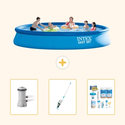 Intex Rond Opblaasbaar Easy Set Zwembad - 457 x 84 cm - Blauw - Inclusief Pomp - Stofzuiger - Onderhoudspakket - 4-delig