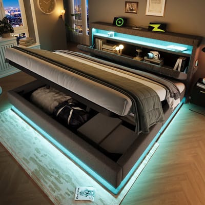 Tweepersoonsbed 180x200 cm - Gestoffeerd bed - met opbergruimte in het hoofdeinde - USB - en Type-C-aansluitingen - LED - hydraulische opbergruimte - lin - Grijs - (Matras niet inbegrepen)