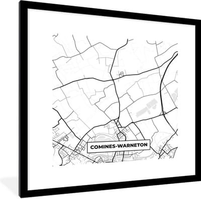 Fotolijst incl. Poster Zwart Wit- Zwart Wit – België – Plattegrond – Stadskaart – Kaart – Comines Warneton - 40x40 cm - Posterlijst
