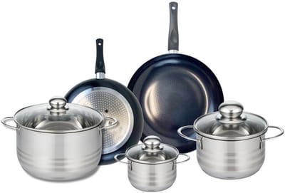 Set van 2 Koekenpannen 20 en 24 cm en 3 kookpotten 12, 16 en 20 cm Elo Prima Glanzend