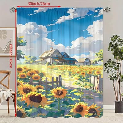 Zonnebloemen Landschap - HD bedrukt gordijn - Polyestermateriaal - Geschikt voor slaapkamer, woonkamer, studeerkamer (aanpasbaar) 23Wx59L(60x150CM)x2 blue