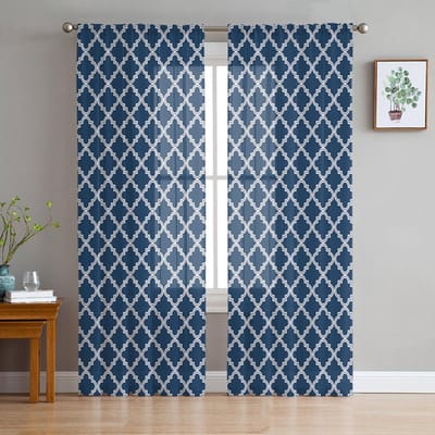 Klassieke Geometrie Marineblauw Marokko Voile Transparante Gordijnen Woonkamer Raam Tule Gordijn Keuken Slaapkamer Drapes Huisdecoratie 135W x 114H(cm) blue