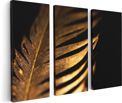 Artaza Canvas Schilderij Drieluik Gouden Veer - 120x80 cm - Wanddecoratie Woonkamer - Schilderijen - Muurdecoratie
