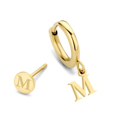 CO88 Collection Alphabet 8CE-70369 Stalen oorknop en oorring - letter M - 6 mm and 12mm - Initiaal sieraad - Goudkleurig